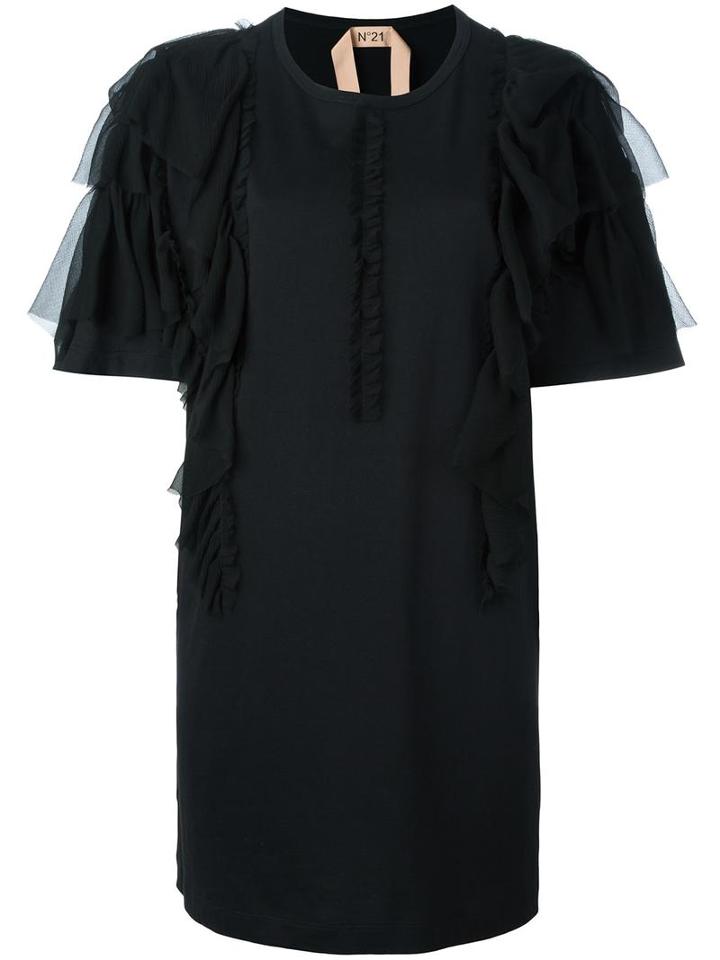 No21 Ruffle Trim Long T-shirt, Women's, Size: 44, Black, Cotton/silk