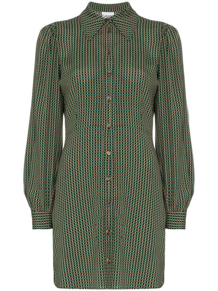 Ganni Check Print Shirt Dress - Green