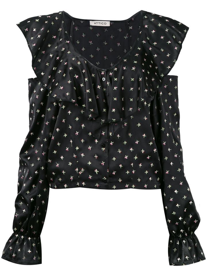 Attico Floral Open Shoulder Top - Black