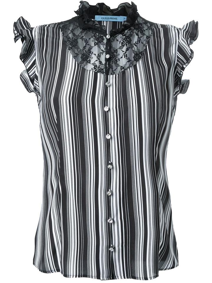 Guild Prime Striped Ruffled Lace Button Down Sleeveless Shirt, Women's, Size: 36, Black, Polyester