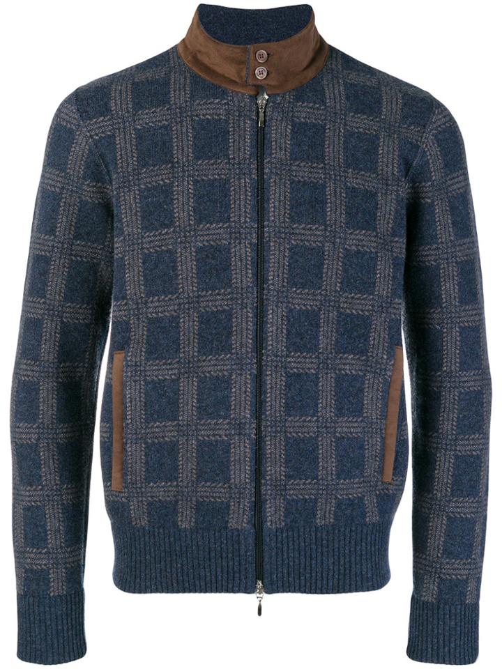 Doriani Cashmere Checked High Neck Cardigan - Blue