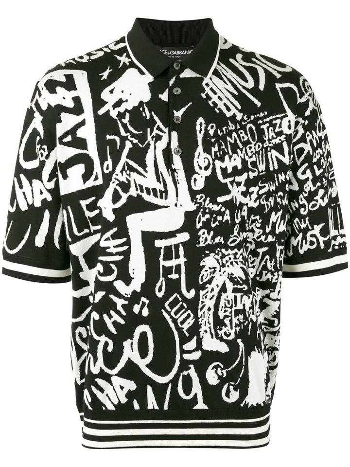 Dolce & Gabbana Musical Pattern Polo Shirt, Men's, Size: 48, Black, Silk