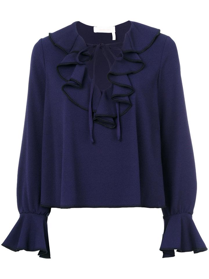 See By Chloé - Frill Blouse - Women - Polyester/spandex/elastane - 40, Blue, Polyester/spandex/elastane