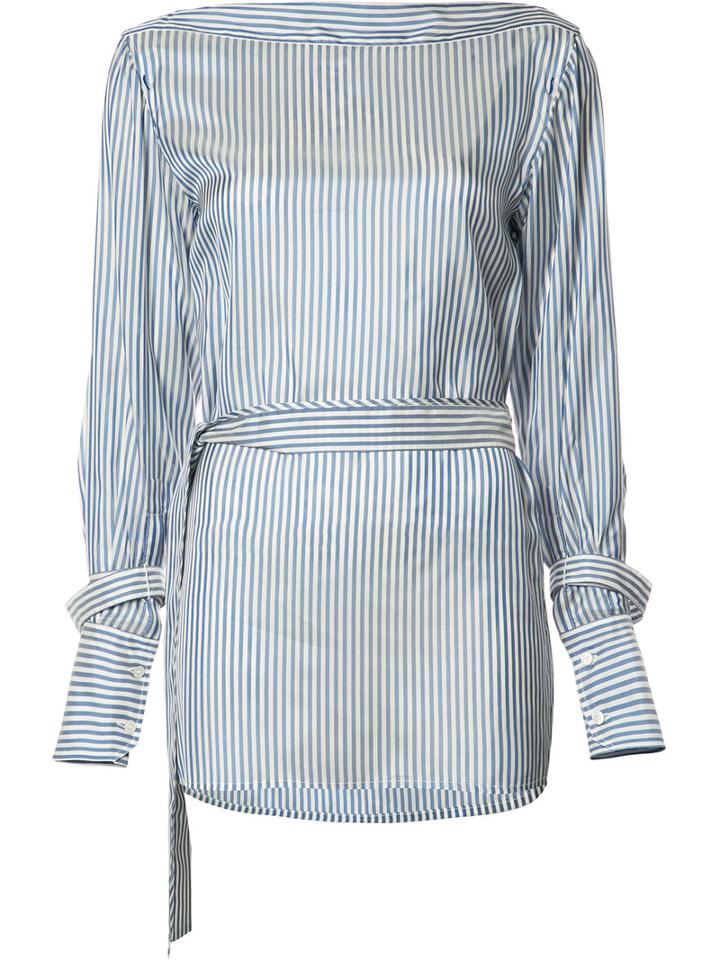 Calvin Klein Striped Belted Blouse, Women's, Size: 12, White, Cupro