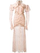 Alessandra Rich - Long-sleeve Lace Gown - Women - Silk/cotton/polyamide/spandex/elastane - 42, Nude/neutrals, Silk/cotton/polyamide/spandex/elastane