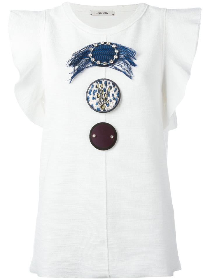 Dorothee Schumacher Ruffled Sleeves Embellished T-shirt, Women's, Size: 2, White, Cotton/glass/metal