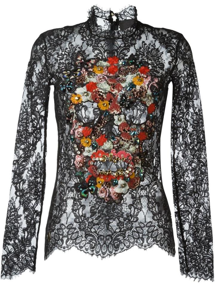 Philipp Plein Embellished Skull Lace Top, Women's, Size: Xs, Black, Cotton/polyamide/polyester/brass