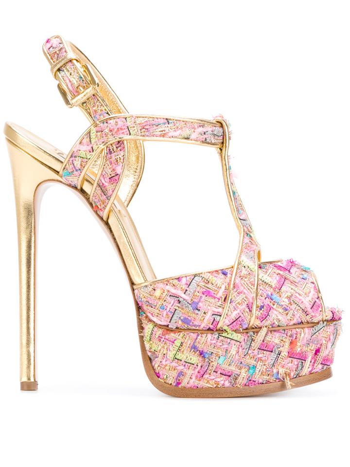 Casadei Tweed T-bar Platform Sandals - Metallic