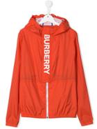 Burberry Kids Teen Logo Print Lightweight Hooded Jacket - Orange