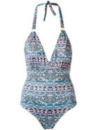 Sub V Neck Printed Swimsuit, Women's, Size: Medium, Blue, Polyamide/spandex/elastane