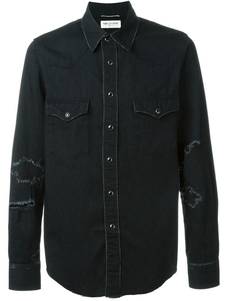 Saint Laurent Distressed Denim Shirt, Men's, Size: Small, Black, Cotton