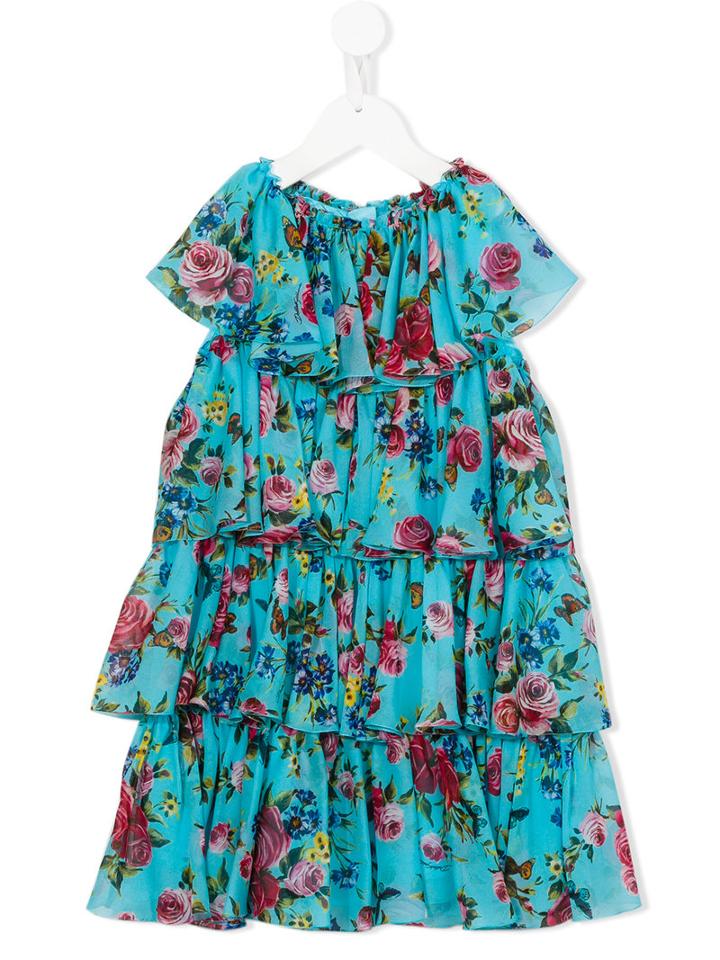 Dolce & Gabbana Kids Rose Print Tiered Dress, Girl's, Size: 8 Yrs, Blue