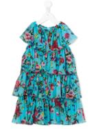 Dolce & Gabbana Kids Rose Print Tiered Dress, Girl's, Size: 8 Yrs, Blue