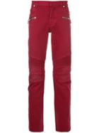 Balmain Distressed Biker Jeans - Red