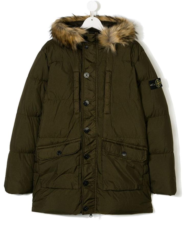 Stone Island Junior Fur Hooded Coat - Green