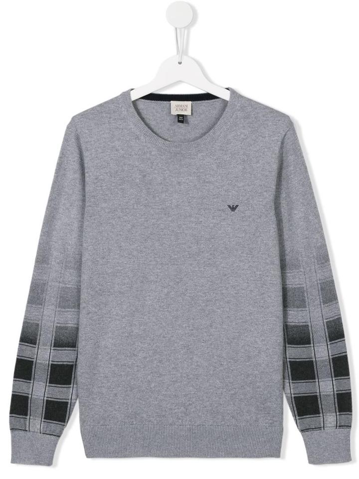 Armani Junior Checked Sleeve Jumper, Boy's, Size: 14 Yrs, Grey