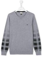 Armani Junior Checked Sleeve Jumper, Boy's, Size: 14 Yrs, Grey