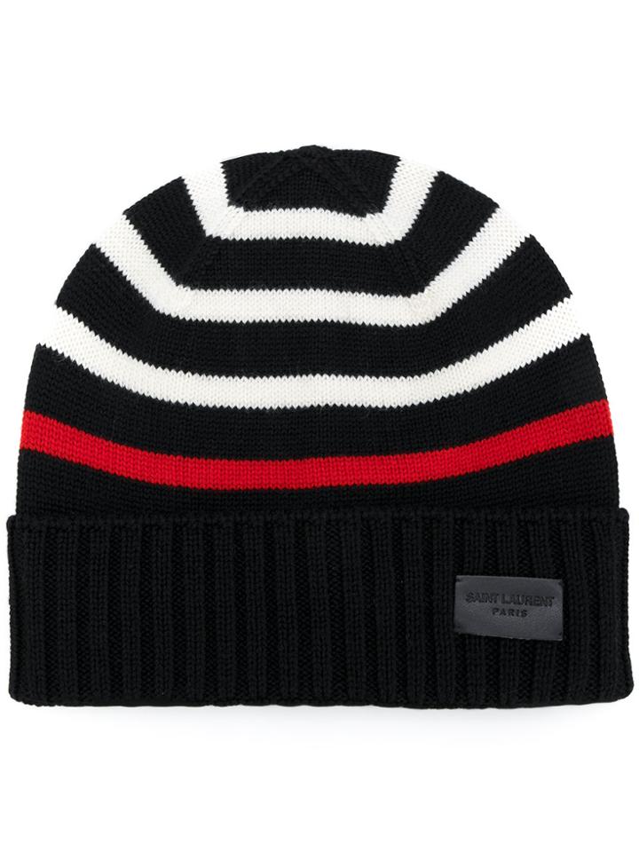 Saint Laurent Striped Knitted Beanie - Black