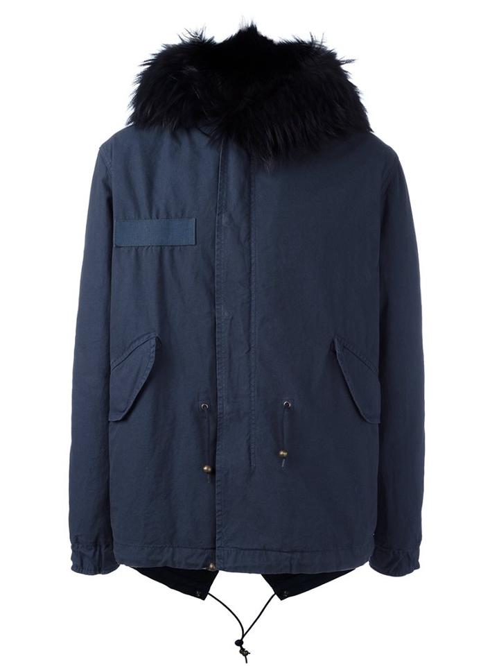 Mr & Mrs Italy Fur Trimmed Parka, Men's, Size: Large, Blue, Cotton/lamb Skin/acrylic/racoon Fur