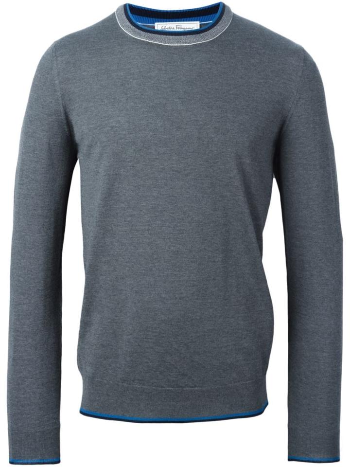Salvatore Ferragamo Contrast Crew Neck Jumper, Men's, Size: Large, Grey, Virgin Wool