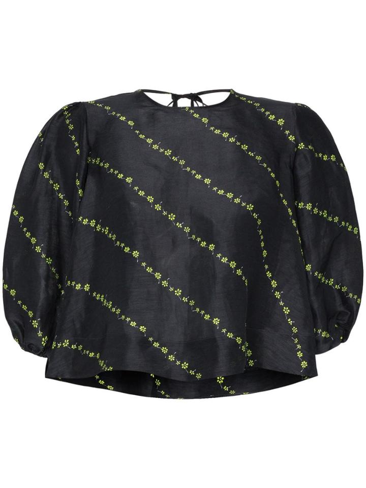 Ganni Puff-sleeve Floral Print Top - Black