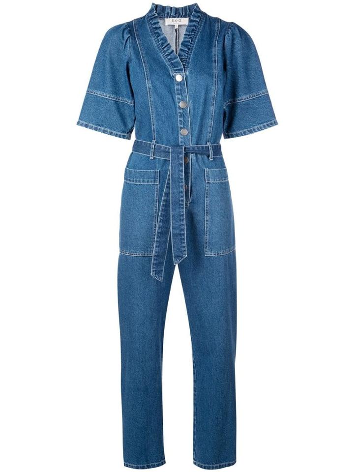 Sea Ruffle Trimmed Jean Jumpsuit - Blue