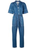 Sea Ruffle Trimmed Jean Jumpsuit - Blue