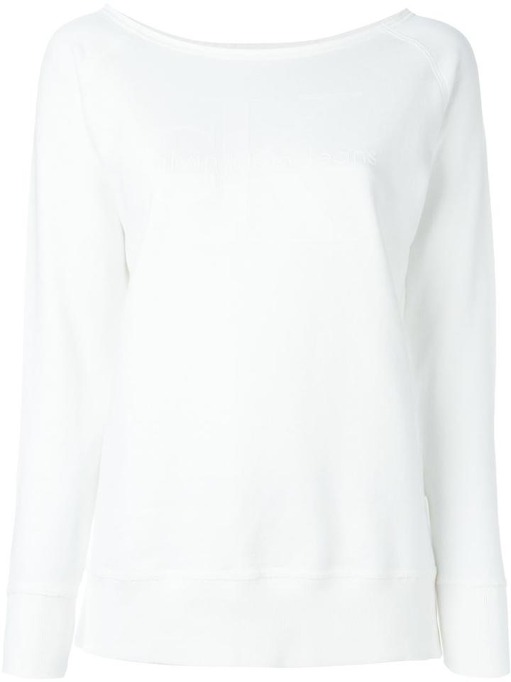 Calvin Klein Jeans Boat Neck Logo Print Sweatshirt, Women's, Size: Xs, White, Cotton