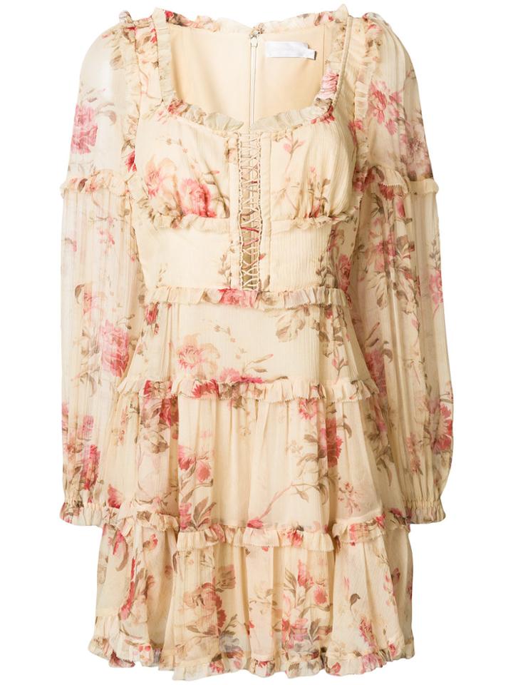 Zimmermann Ruffled Floral Shift Dress - Nude & Neutrals