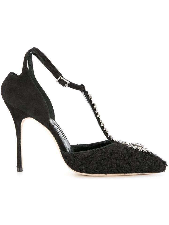 Manolo Blahnik 105 Crystal Detail T-bar Pumps - Black
