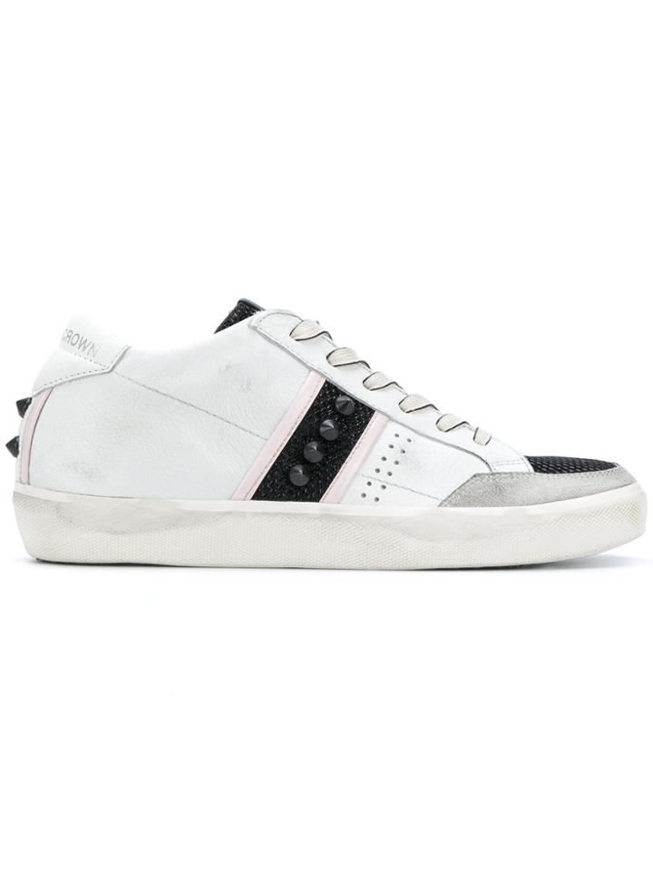 Leather Crown Stud Panelled Sneakers - White