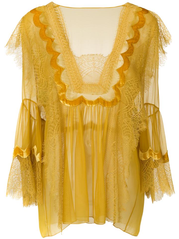 Alberta Ferretti Lace Trim Sheer Blouse - Yellow & Orange