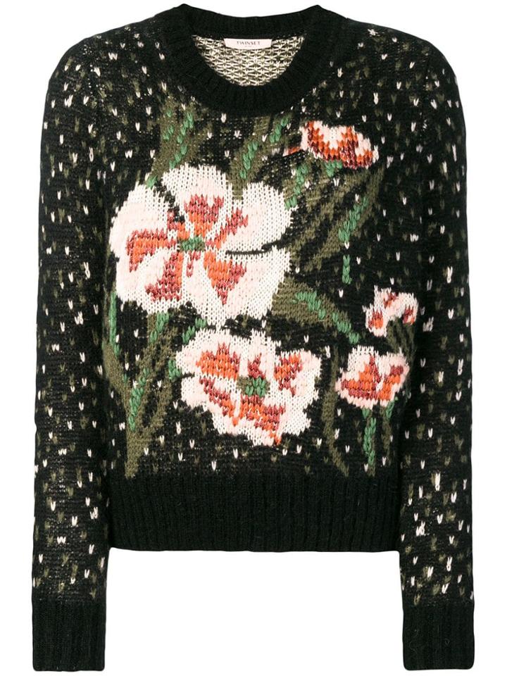 Twin-set Intarsia Knit Floral Jumper - Black