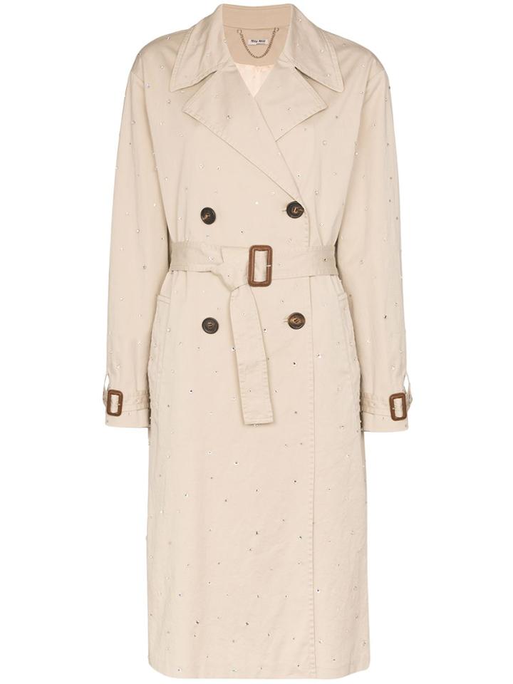 Miu Miu Diamanté-embellished Gabardine Trench Coat - Neutrals