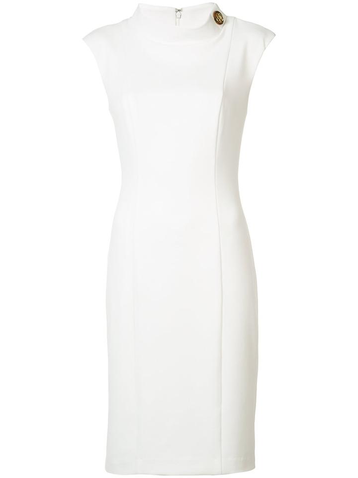 Badgley Mischka Buttoned Neck Fitted Dress, Women's, Size: 10, White, Polyester/spandex/elastane