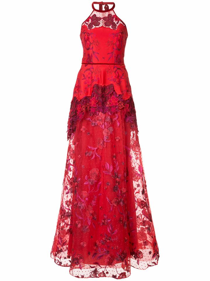 Marchesa Notte High Low Lace Dress - Red