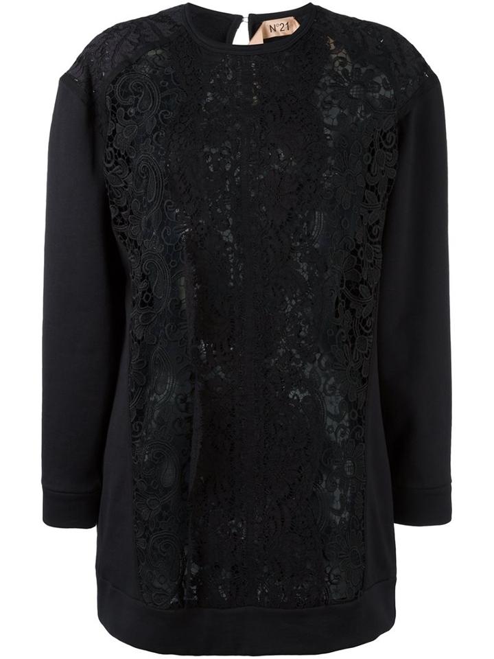 No21 Lace Panel Blouse, Women's, Size: 42, Black, Cotton/polyester