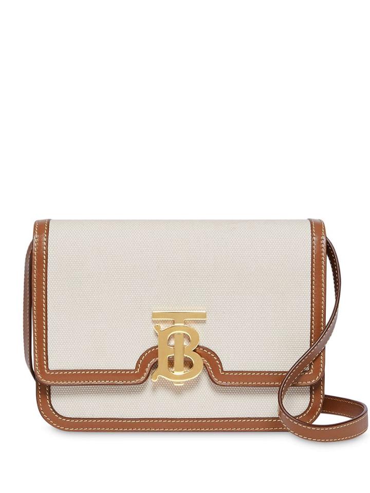 Burberry Small Two-tone Canvas And Leather Tb Bag - White