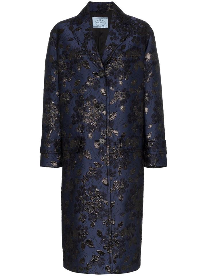 Prada Metallic Floral Print Single-breasted Coat - Blue