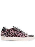 Leather Crown Leopard Print Glitter Sneakers - Pink