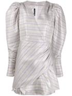 Rotate Striped Puff-shoulder Dress - Silver