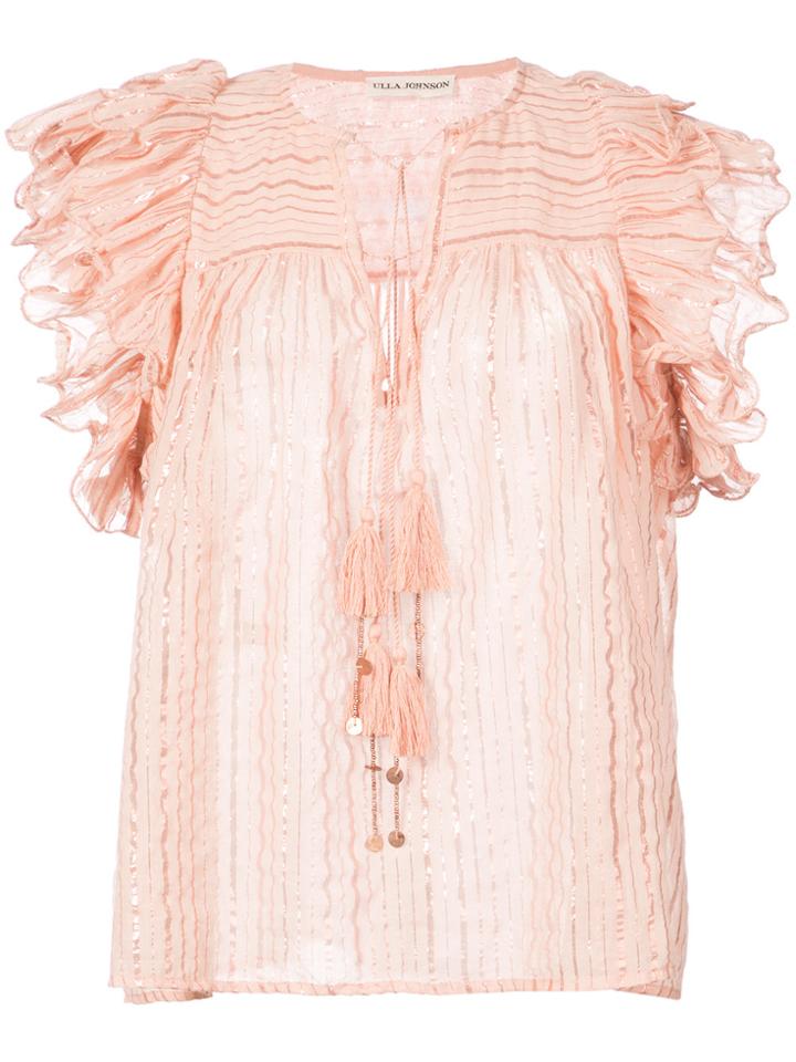 Ulla Johnson Striped Ruffle Sleeve Peasant Top - Pink & Purple