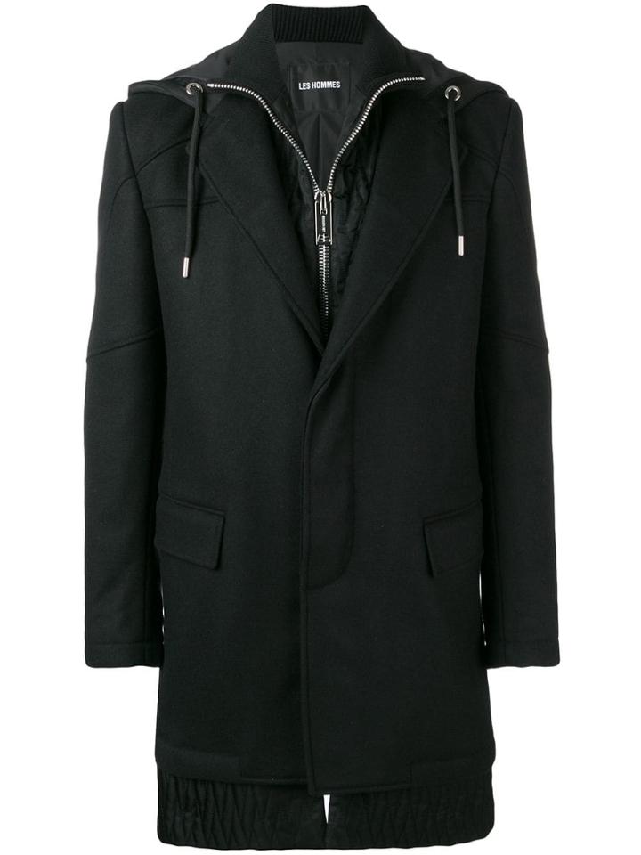 Les Hommes Hooded Layered Coat - Black