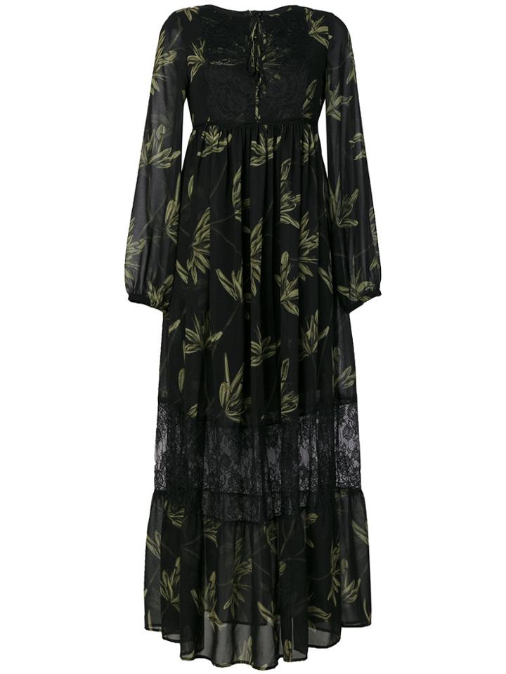 Ki6 Leaf Print Empire Dress - Black