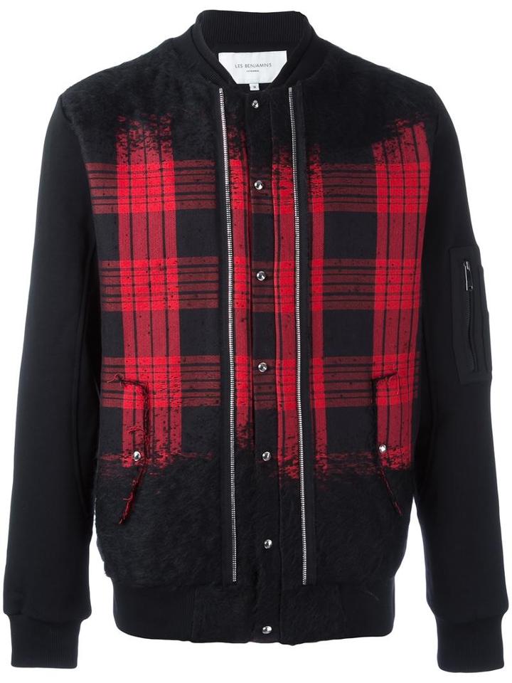 Les Benjamins Checked Bomber Jacket, Men's, Size: Medium, Black, Cotton/wool/mohair/polyamide