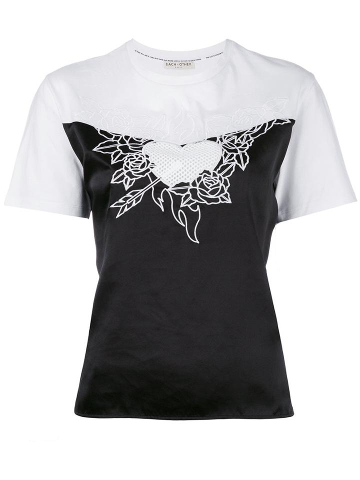 Each X Other - Embroidered Heart Contrast Top - Women - Silk/cotton - M, Black, Silk/cotton