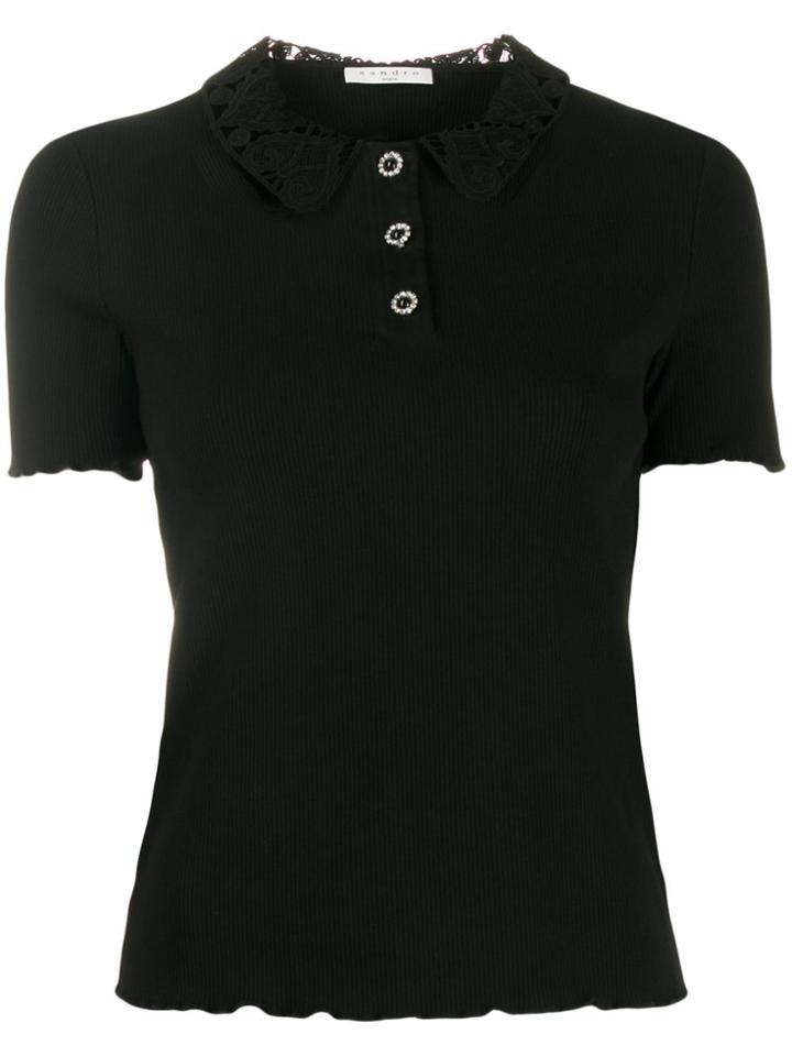 Sandro Paris Lace Collar Ribbed Top - Black