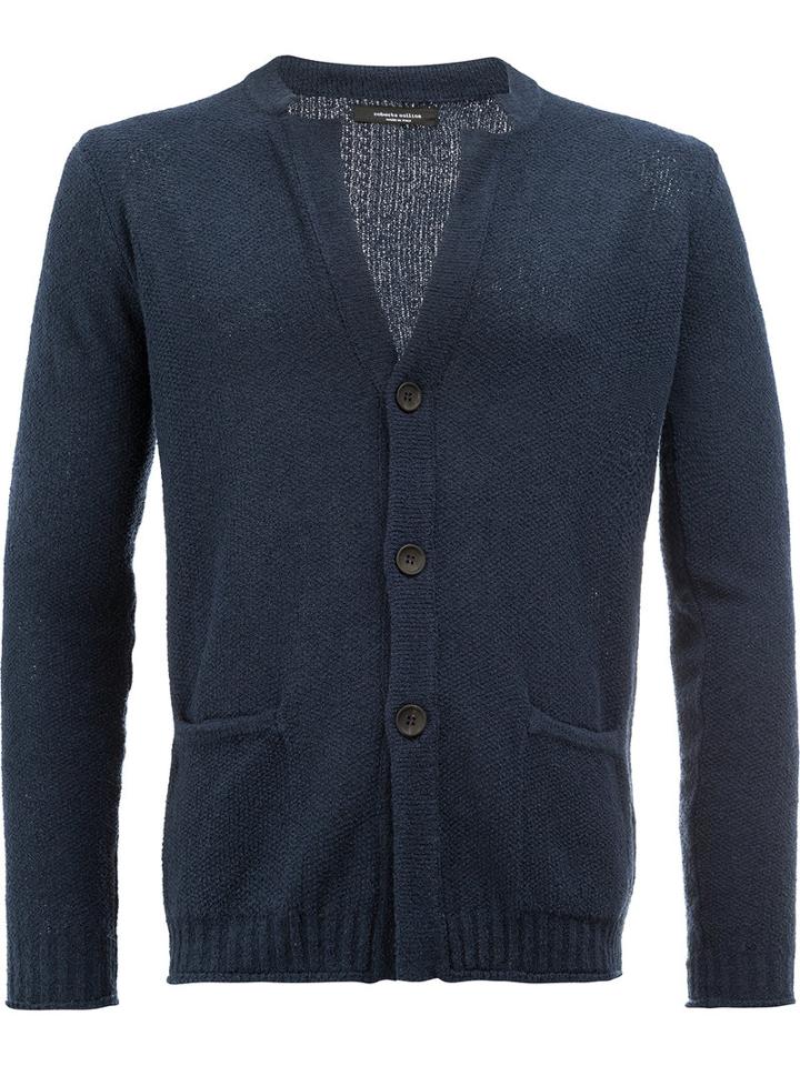 Roberto Collina V-neck Cardigan, Men's, Size: 48, Blue, Cotton/polyamide