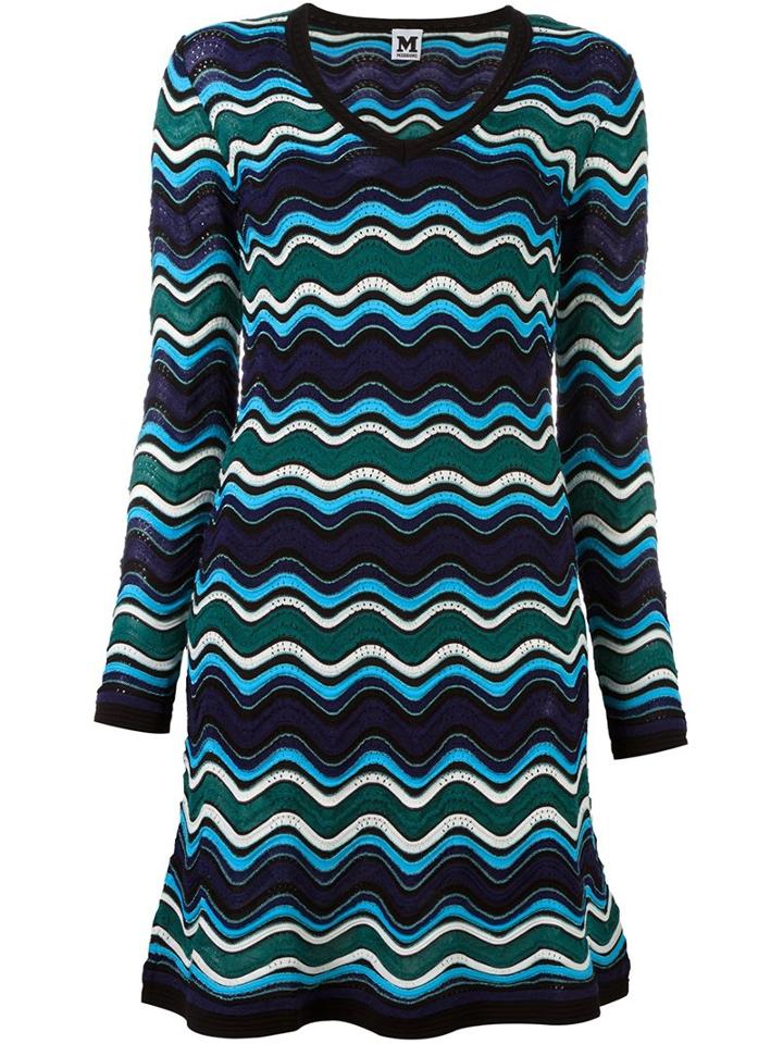 M Missoni Knitted V-neck Dress, Women's, Size: 46, Blue, Cotton/polyamide/polyester/metallic Fibre