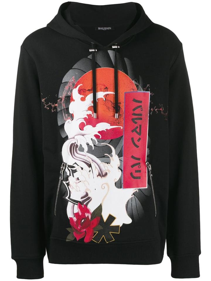 Balmain Graphic Print Hoodie - Black